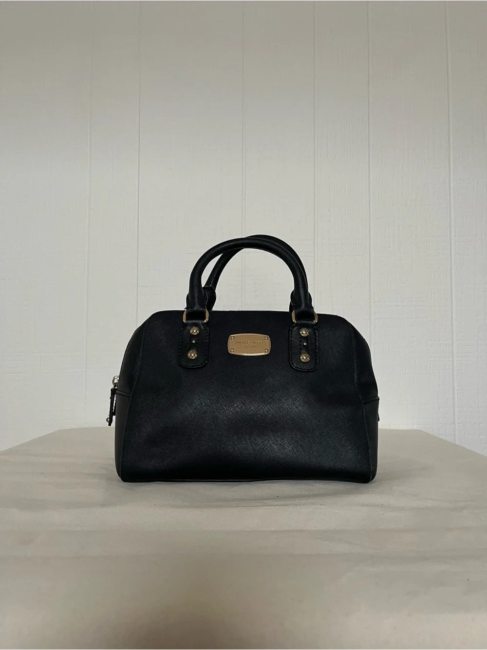 Michael Kors Black Leather Dome Satchel with Gold Hardware